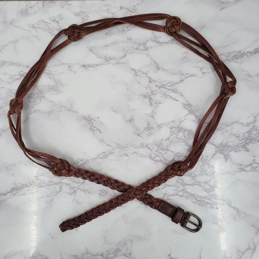 Vintage Plus Size Braided Brown Leather Belt Boho Waist 43-51